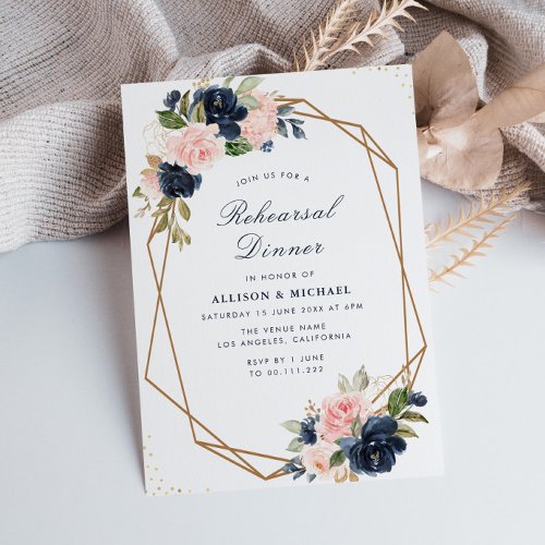 Navy  blush floral geometric rehearsal dinner invitation