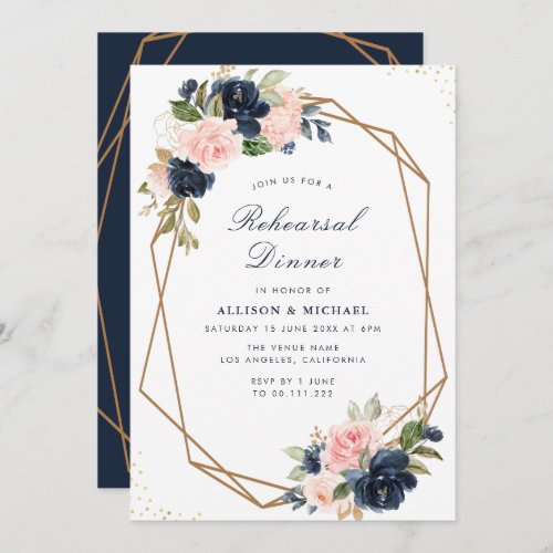 Navy  blush floral geometric rehearsal dinner invitation