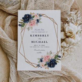 navy & blush floral geometric save the date card