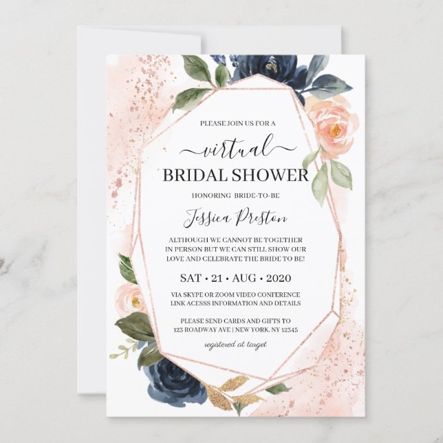 Navy Blush Floral Geometric Virtual Bridal Shower Invitation (Front)