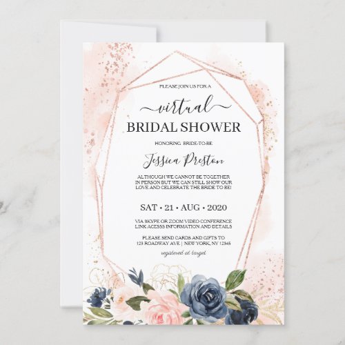 Navy Blush Floral Geometric Virtual Bridal Shower Invitation