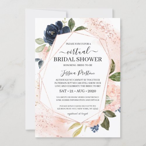 Navy Blush Floral Geometric Virtual Bridal Shower Invitation
