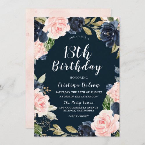 Navy Blush Floral Girls Boys 13th Birthday Party Invitation