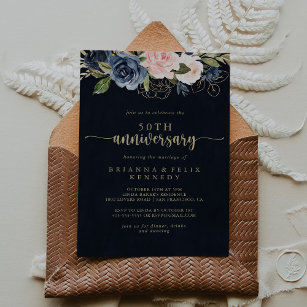 Navy Blush Floral Gold 50th Wedding Anniversary  Invitation