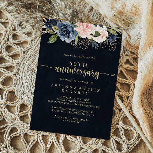 Navy Blush Floral Gold 50th Wedding Anniversary 