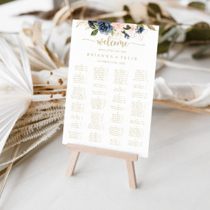 Navy Blush Floral Gold Alphabetical Seating Chart