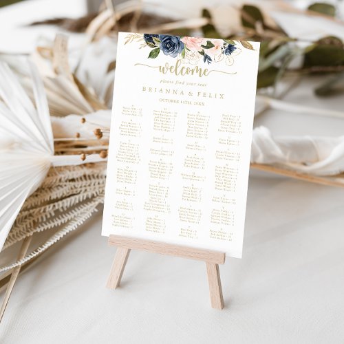 Navy Blush Floral Gold Alphabetical Seating Chart