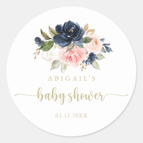 Navy Blush Floral Gold Baby Shower Favor  Classic Round Sticker
