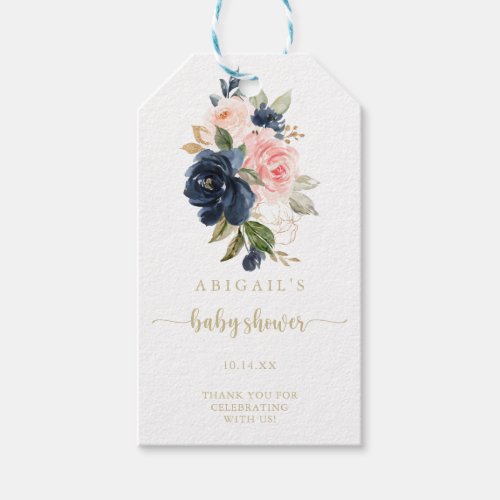 Navy Blush Floral Gold Baby Shower   Gift Tags