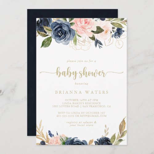 Navy Blush Floral Gold Baby Shower  Invitation