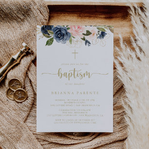 Navy Blush Floral Gold Baptism  Invitation