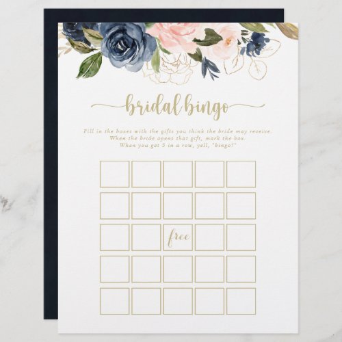 Navy Blush Floral Gold Bridal Bingo Game