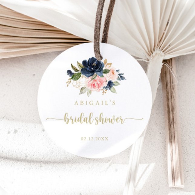 Navy Blush Floral Gold Bridal Shower Favor   Classic Round Sticker (Creator Uploaded)