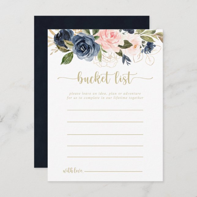 Navy Blush Floral Gold Bucket List Cards (Front/Back)