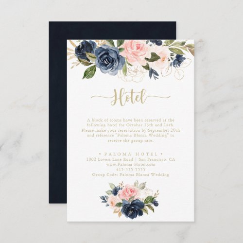 Navy Blush Floral Gold Calligraphy Hotel  Enclosure Card