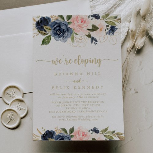 Navy Blush Floral Gold Elopement Reception  Invitation