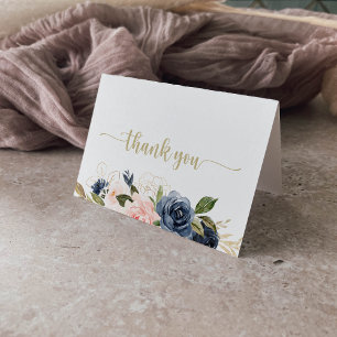 Navy Blush Floral Gold Folded Wedding  Letterpress Thank You Card