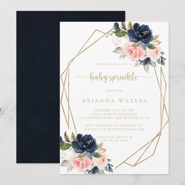 Navy Blush Floral Gold Geometric Baby Sprinkle  Invitation (Front/Back)