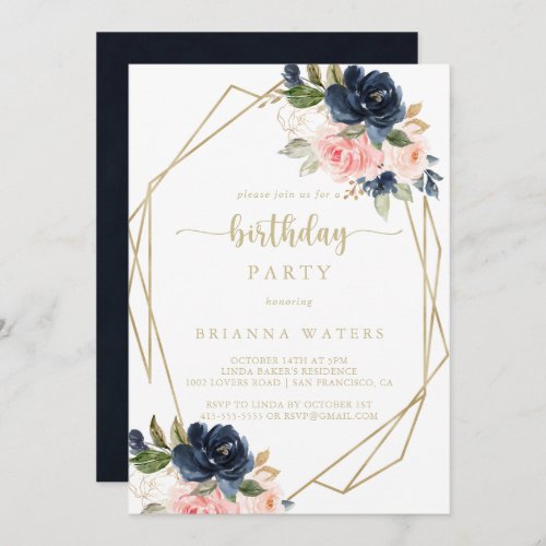 Navy Blush Floral Gold Geometric Birthday Party  Invitation