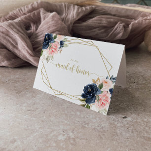 Navy Blush Floral Gold Geometric Bridal Party  Letterpress Thank You Card