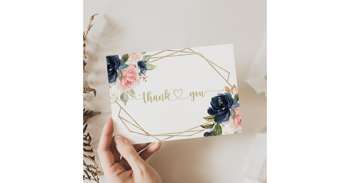 Navy Blush Floral Gold Geometric Flat Wedding Thank You Card | Zazzle