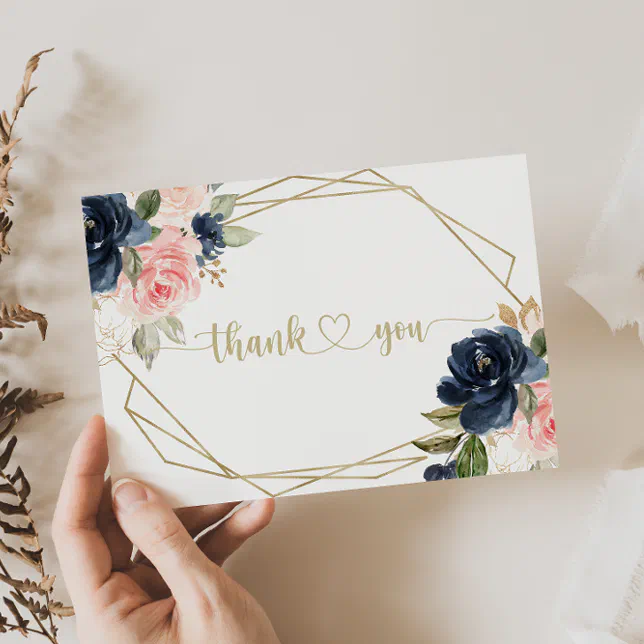 Navy Blush Floral Gold Geometric Flat Wedding Thank You Card | Zazzle