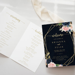 Navy Blush Floral Gold Geometric Folded Wedding Program