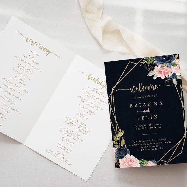 Navy Blush Floral Gold Geometric Folded Wedding  Program (Creator Uploaded)