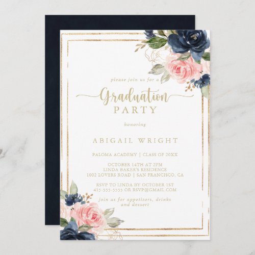 Navy Blush Floral Gold Geometric Graduation Party  Invitation