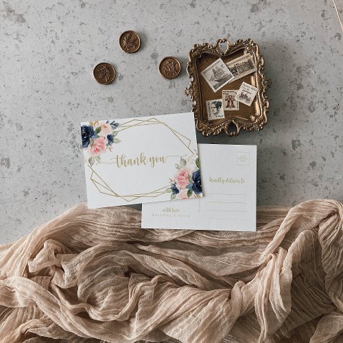 Navy Blush Floral Gold Geometric Thank You  Postcard