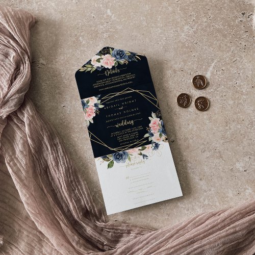 Navy Blush Floral Gold Geometric Wedding  All In One Invitation