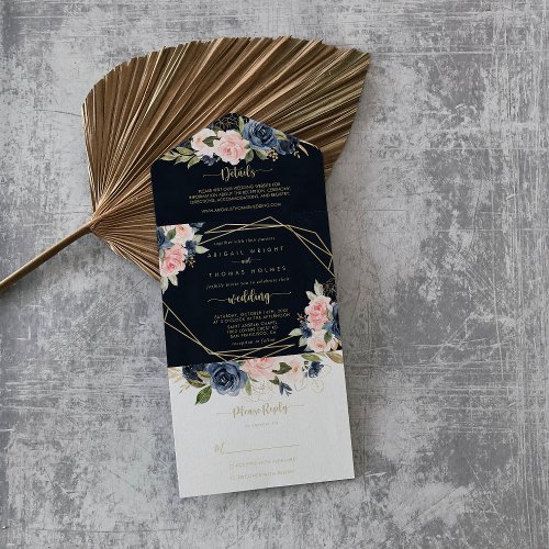 Navy Blush Floral Gold Geometric Wedding   All In One Invitation