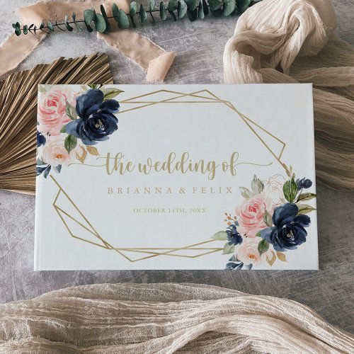 Navy Blush Floral Gold Geometric Wedding Guest Book