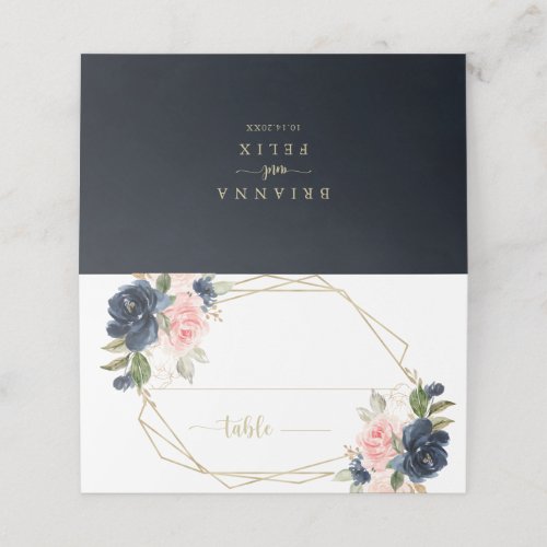 Navy Blush Floral Gold Geometric Wedding  Place Card