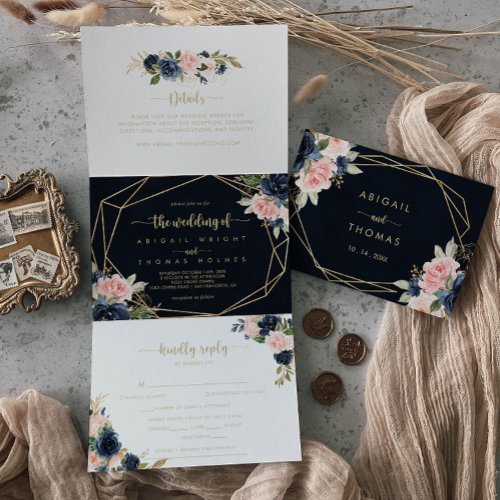 Navy Blush Floral Gold Geometric Wedding Tri_Fold Invitation