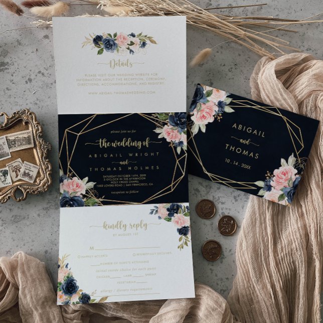 Navy Blush Floral Gold Geometric Wedding Tri-Fold Invitation (Creator Uploaded)