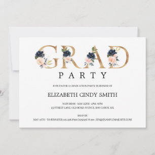 Navy Blush Floral Gold Letter Grad Party Photo Invitation