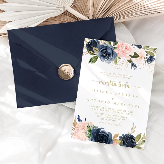 Navy Blush Floral Gold Nuestra Boda Wedding Invitation (Creator Uploaded)