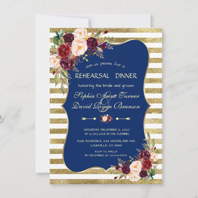 Navy Blush Floral Gold Stripes Rehearsal Dinner Invitation (Front)