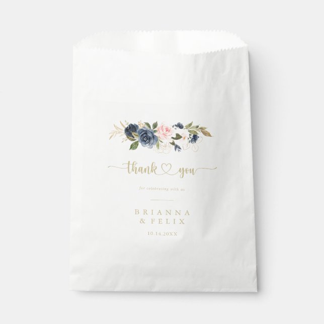 Navy Blush Floral Gold Thank You Wedding   Favor Bag (Front)
