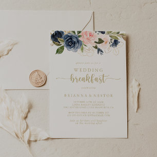 Navy Blush Floral Gold Wedding Breakfast Invitation