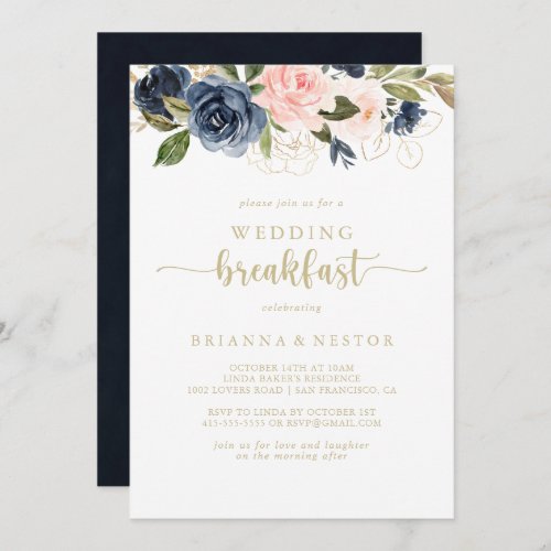 Navy Blush Floral Gold Wedding Breakfast   Invitation