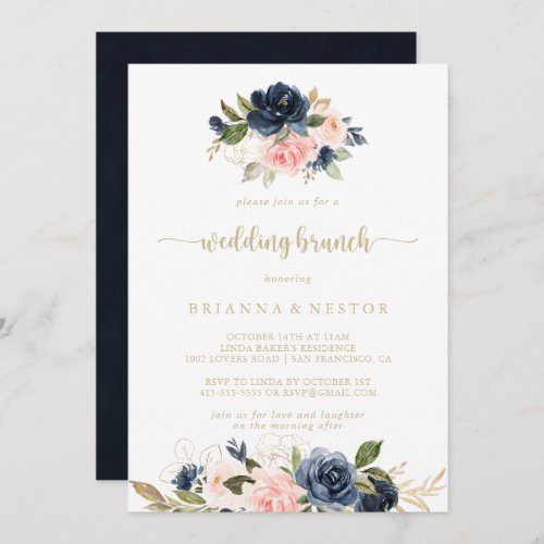 Navy Blush Floral Gold Wedding Brunch   Invitation