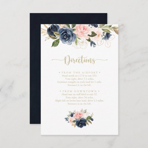 Navy Blush Floral Gold Wedding Directions  Enclosure Card