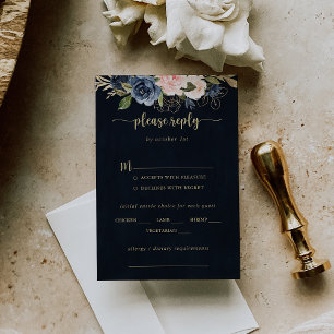 Navy Blush Floral Gold Wedding Menu Choice RSVP