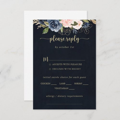 Navy Blush Floral Gold Wedding Menu Choice RSVP