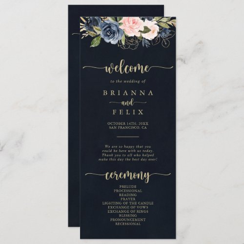 Navy Blush Floral Gold Wedding Program