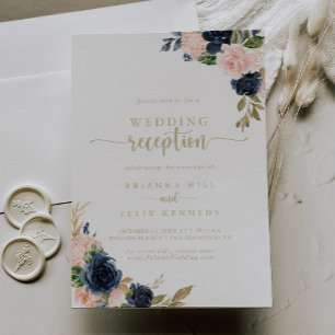 Navy Blush Floral Gold Wedding Reception Invitation