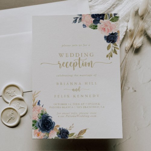 Navy Blush Floral Gold Wedding Reception   Invitation