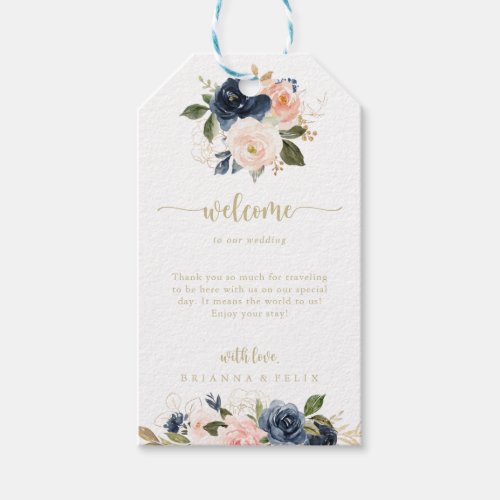 Navy Blush Floral Gold Wedding Welcome Gift Tags